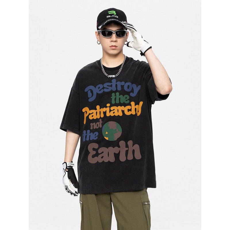 GTRG summer new American high street letter printed T-shirt trendy ins washed distressed heavy short sleeve