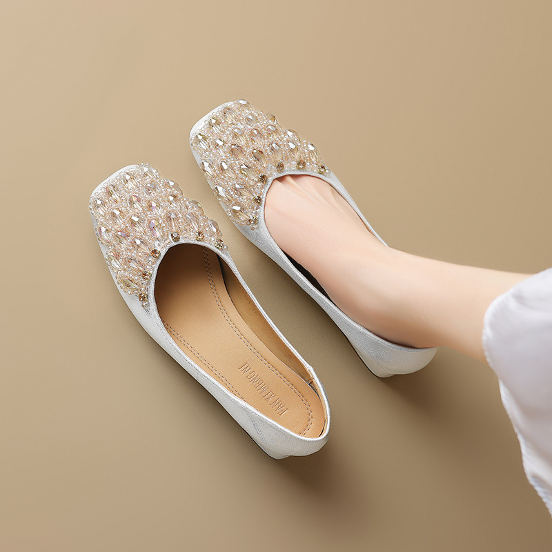 2293-1 Beautiful French-Style Square-Toe Shallow Pumps with Rhinestones, New Spring Fashion Chunky Heel Large Size Women's Shoes, Wedding Shoes