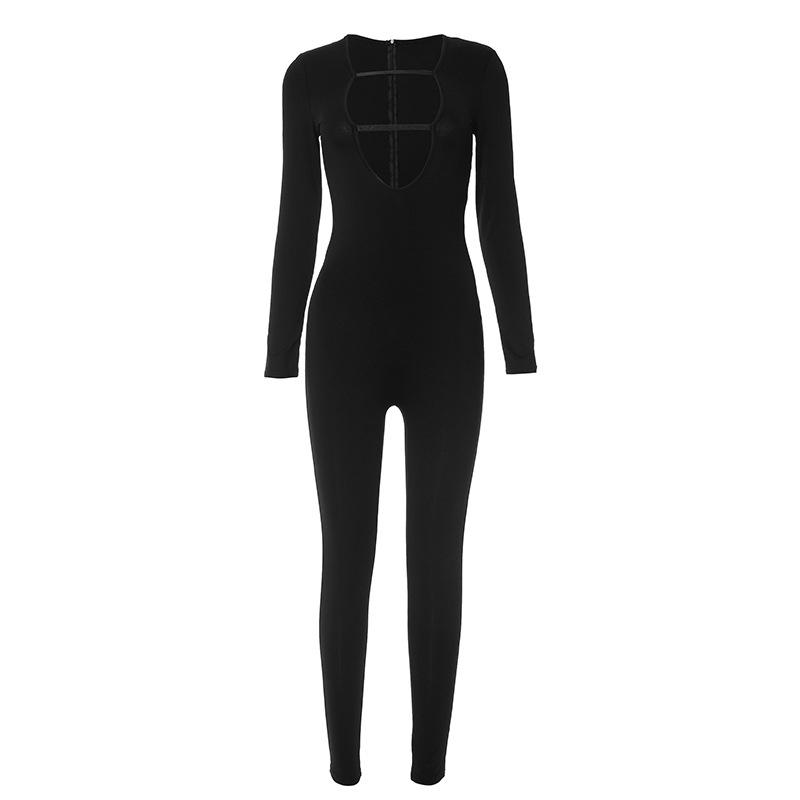 Women Clothing Autumn Winter Long Sleeve Hollow Out Cutout Sexy Sexy Jumpsuit