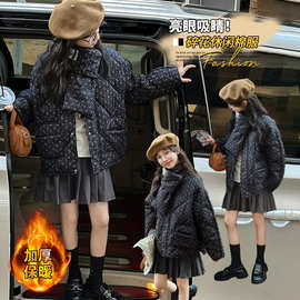 儿童装女童加绒加厚棉袄2025新款女中大童送围脖小碎花绗线棉衣潮