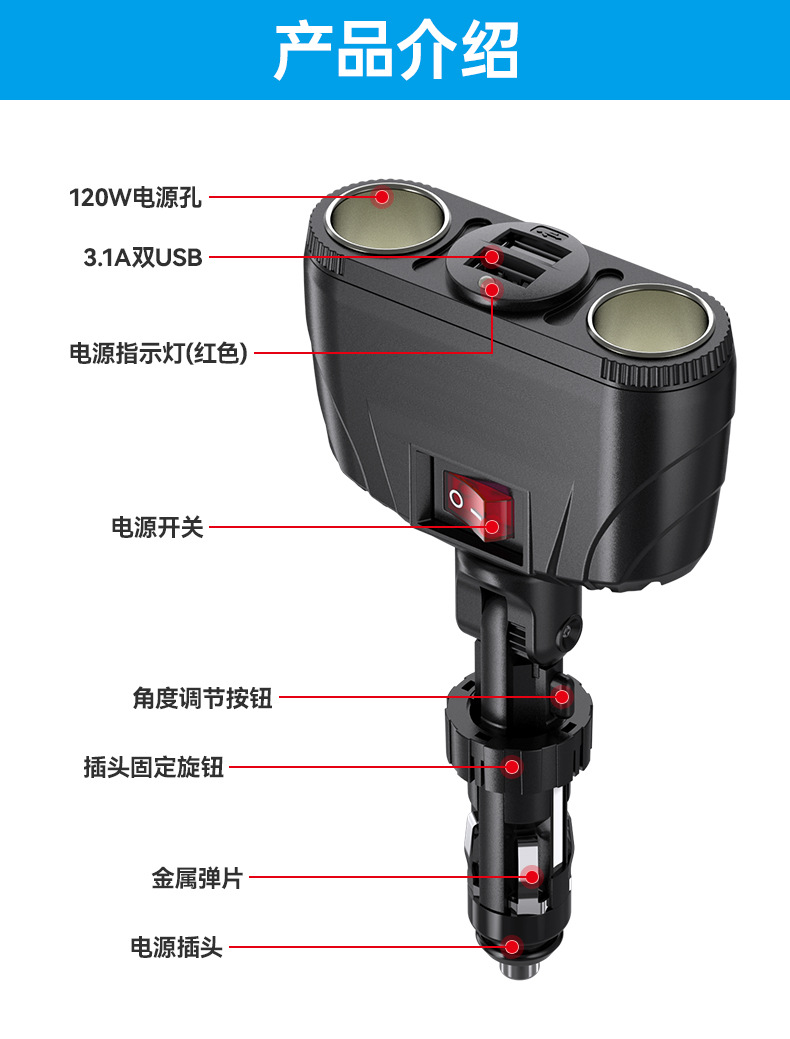 Shunwei Car Atmosphere Light Cigarette Lighter Splitter Dual USB Charger