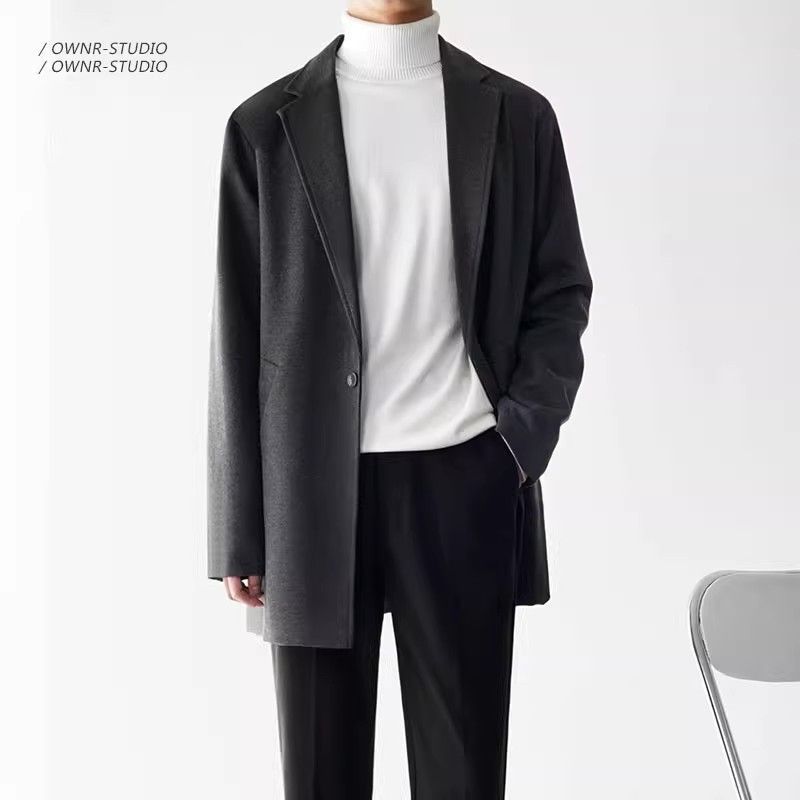 毛呢大衣男秋冬中长款韩版潮流西装领风衣宽松帅气男士呢子外套女