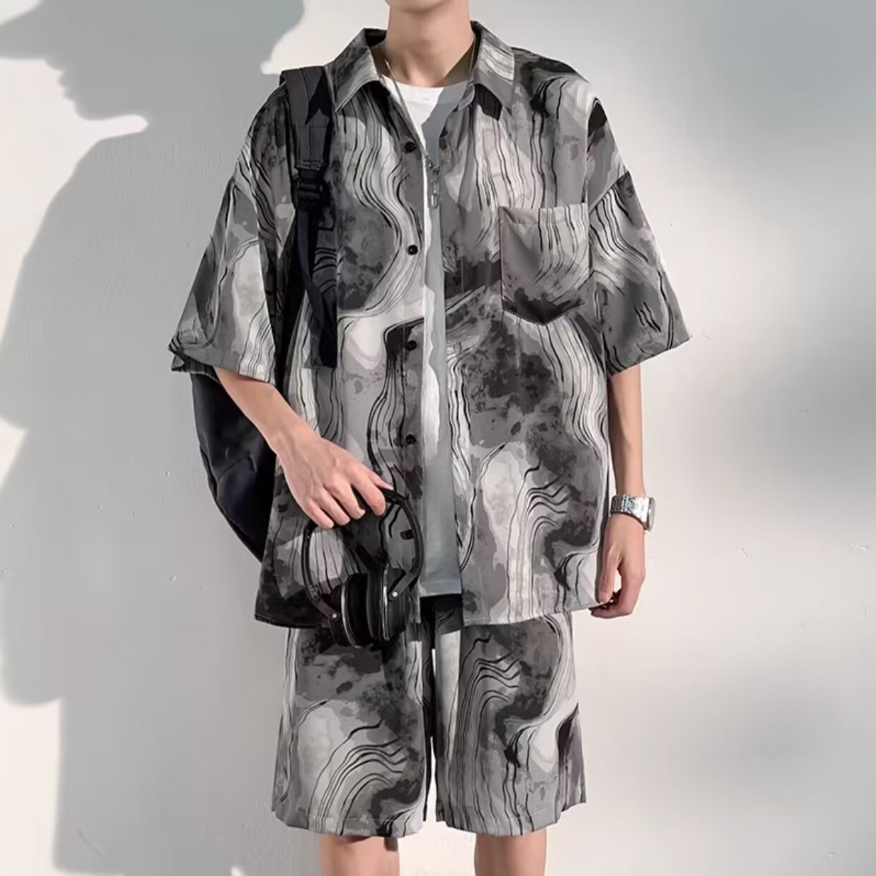 중국 스타일 비치 슈트 남성 여름 얇은 대형 슈트 캐주얼 남성 고급 반팔 셔츠 반바지 여름 슈트
