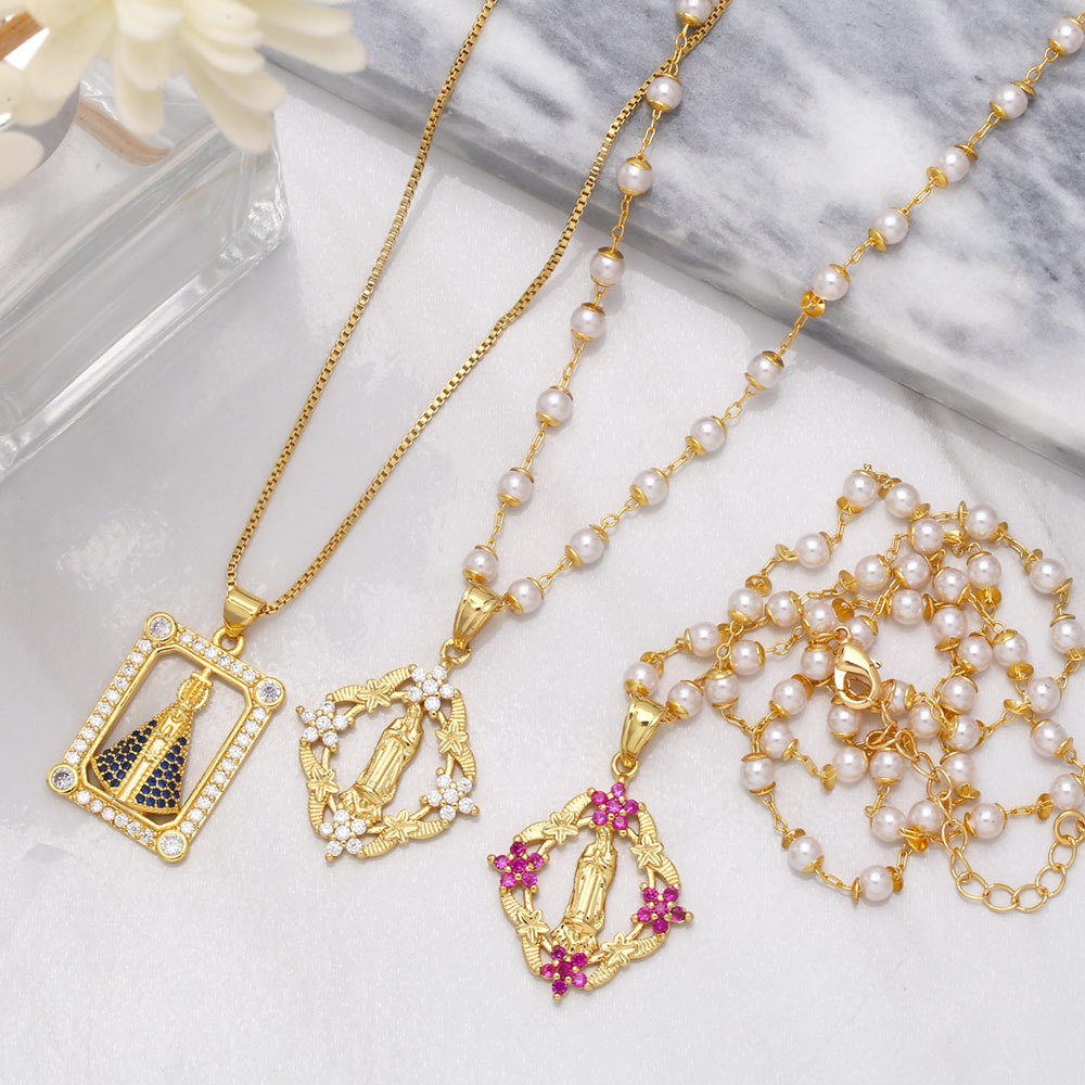 Fashion Colorful Zircon Flower Virgin Mary Female Simple Pearl Chain Necklace Copper Necklace