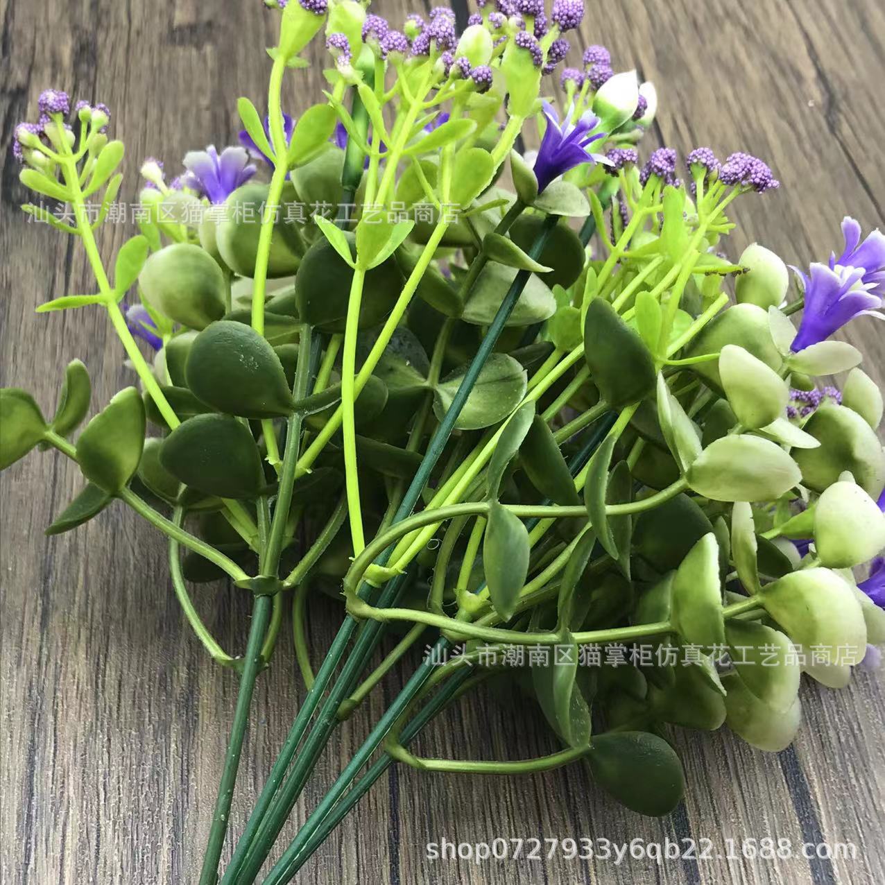 Decoración de flores artificiales de tres puntas, violeta eucalipto, hogar de bodas, 6 flores falsas, ramos de mano, accesorios de tiro