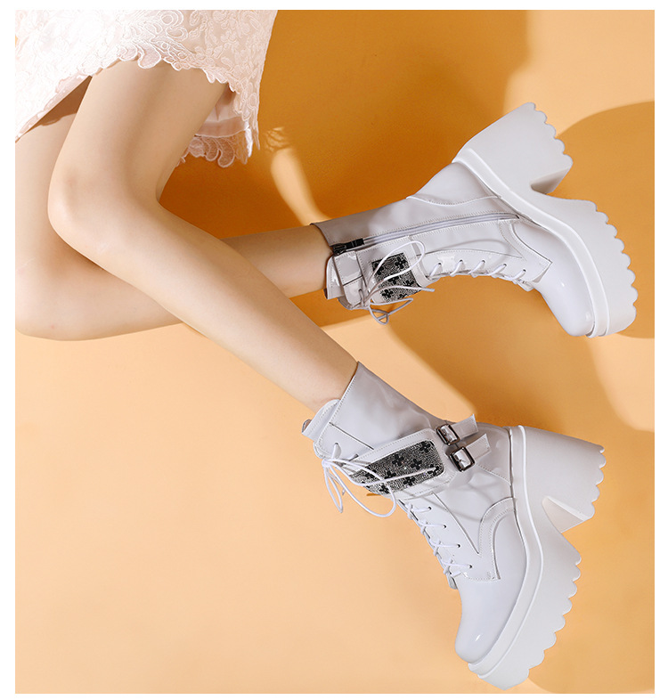 Boot nữ cổ ngắn phong cách Anh quốc, gót vuông 10cm, đế platform, khóa kéo bên hông — Lót nhung đen chi tiết 6