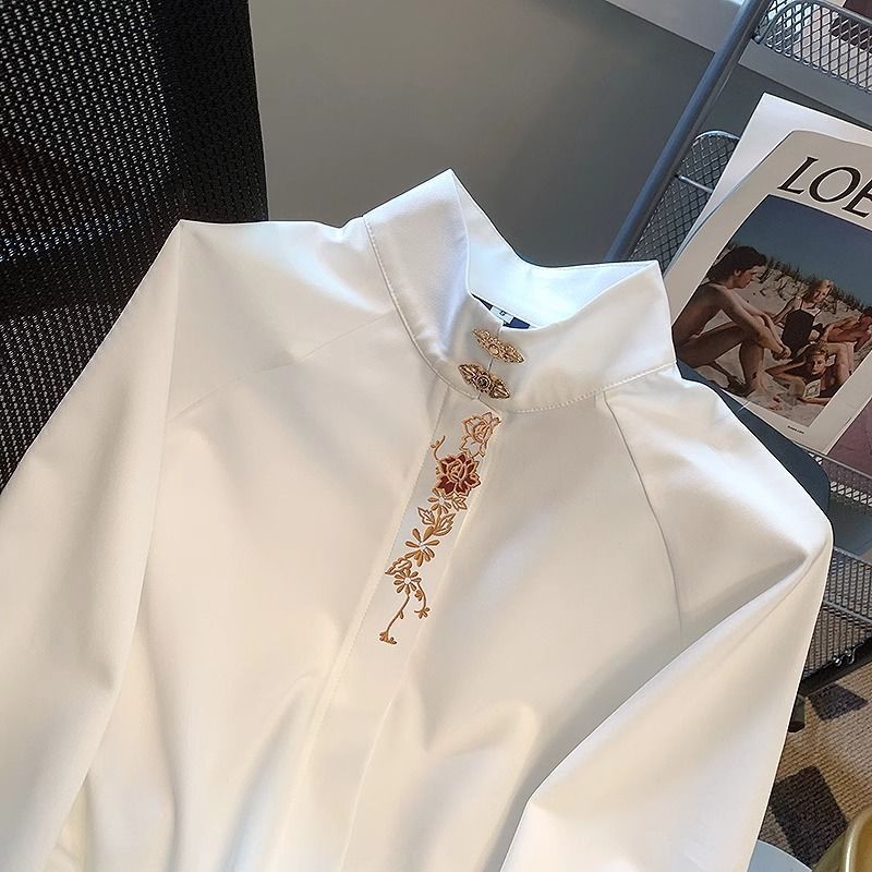 新中式上衣白色衬衫搭配刺绣马面长袖上衣春秋国风2025新款上衣