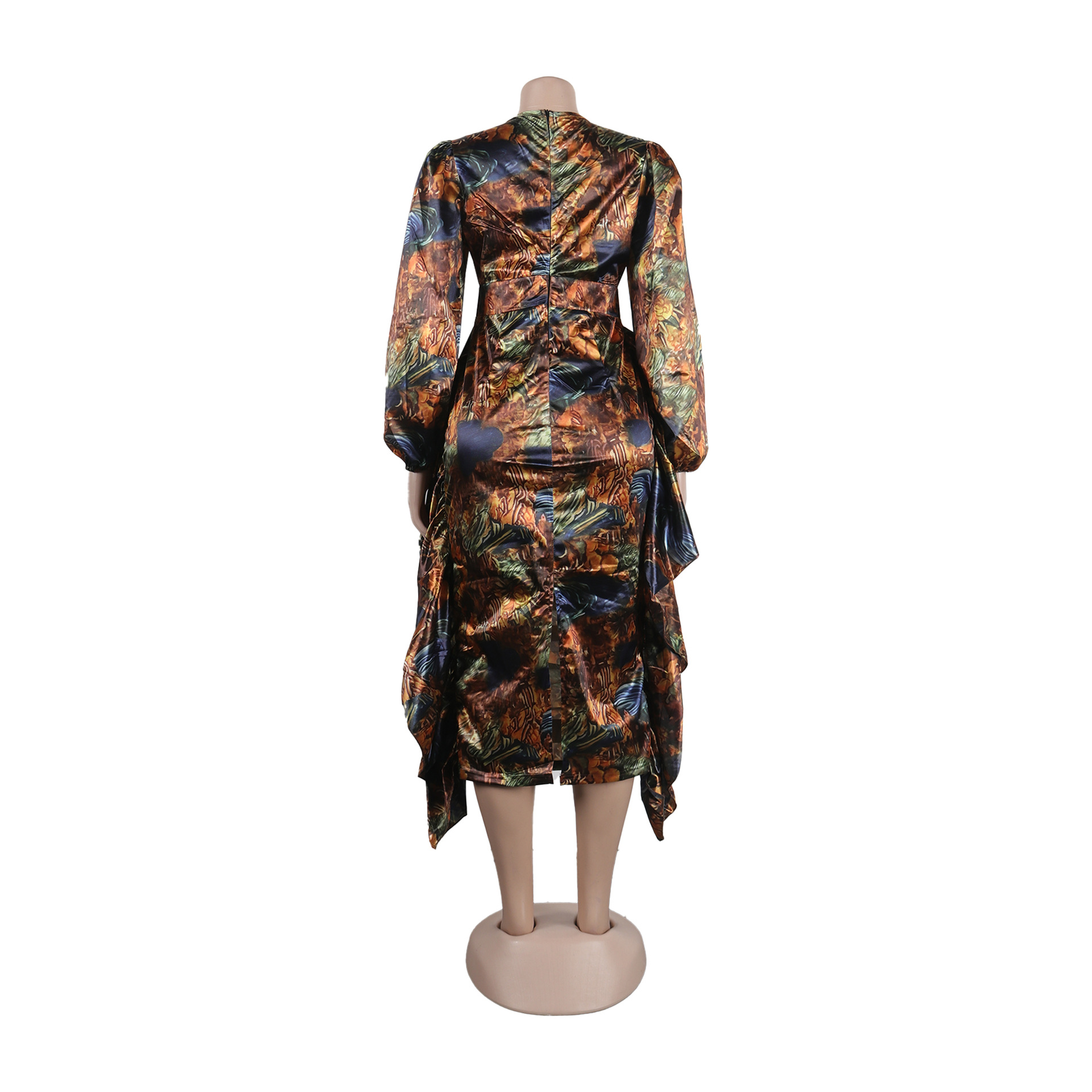 Women's Clothing Sexy Printed Ruffled Lantern Sleeve Hip Hugging Slim Fit Long Sleeve Dress_voghion.com