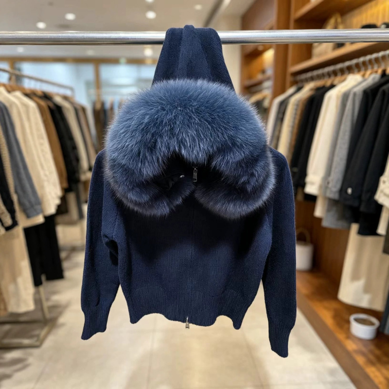 Korean-Style Fox Fur Large Fur Collar Autumn and Winter New Hooded Knitted Cardigan Thickened Lazy Style Sweater Fur for Women Korean-Style Fox Fur Large Fur Collar Autumn and Winter New Hooded Knitted Cardigan Thickened Lazy Style Sweater Fur for Women