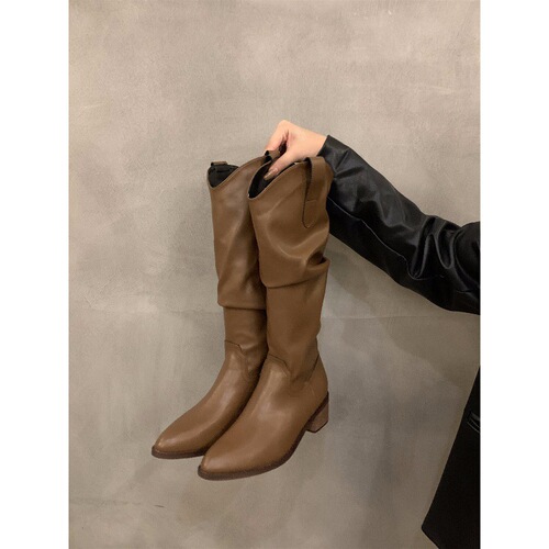 Chunky-heel pleated stacked high-tube equestrian boots for women—autumn/winter edition, featuring a sleek, slimming design inspired by Western styles.