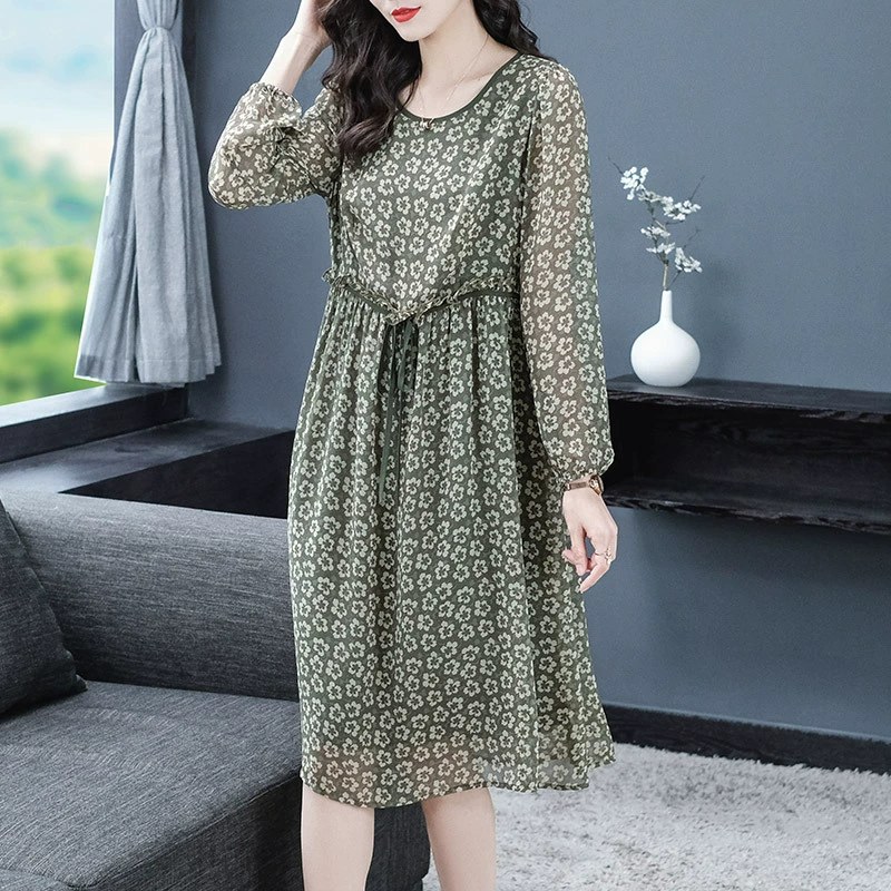 Летнее шифоновое французское платье больших размеров с узкой талией и длинными рукавами, уменьшающее возраст, 240 кг, одежда для женщин среднего и пожилого возраста