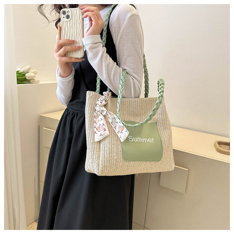 Women's Medium Straw Letter Color Block Vacation Beach Zipper Tote Bag display picture 3