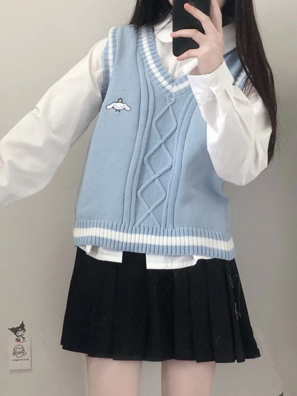 Pudín de Perro bordado de Primavera y Otoño Nueva JK Chaleco de punto de las mujeres chaleco overwear flojo estilo de la Universidad dulce suave glutinoso image 8