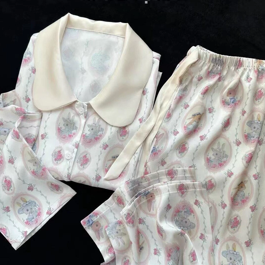 Пижамы женские весенние, летние и осенние пасторальные кролики Ice Silk брюки с длинными рукавами с принтом Шелковый кукольный воротник Сладкая Домашняя одежда можно носить на улице