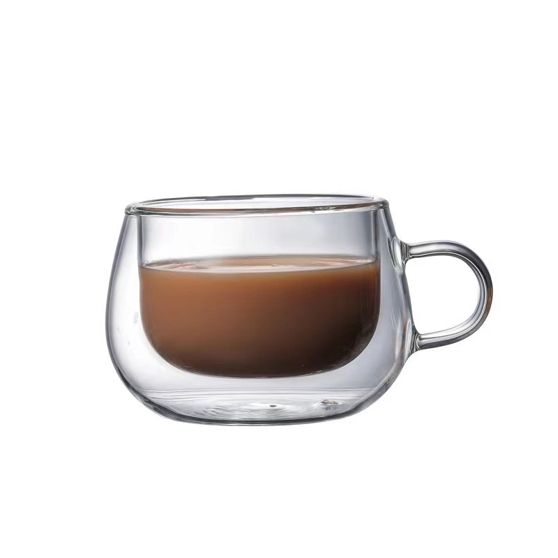Vaso de vidrio de doble capa con forma de huevo en stock para uso doméstico, taza de café transparente con asa, vaso de agua de doble capa con aislamiento de vidrio de borosilicato alto.