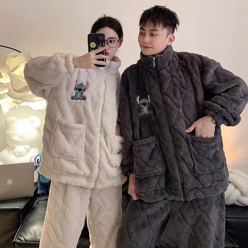 Invierno nuevo pijama de pareja de franela mujer lindo dibujo animado sticky casual hombre ropa casera set comercio exterior