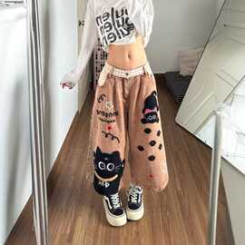 卡通猫咪毛巾刺绣牛仔七分裤裤子女款2026夏季新款宽松阔腿短裤潮