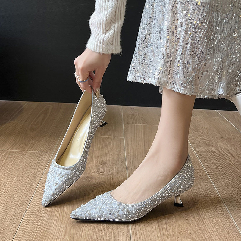 Giày cao gót mũi nhọn đính pha lê sang trọng gót 4,5–6,5 cm — Màu mơ 6.5cm, Màu sâm panh 6.5cm, Màu xám bạc 6.5cm, Màu mơ 4,5 cm