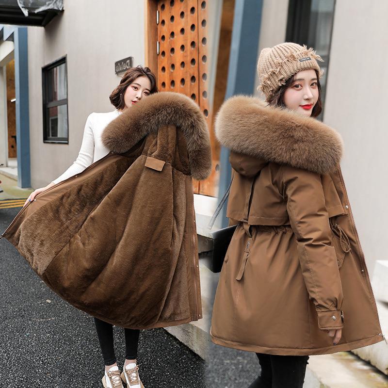 Fábrica parka de las mujeres de mediados de longitud 2023 invierno nuevo estilo coreano suelta gran cuello de piel de moda engrosada abrigo de algodón acolchado image 4