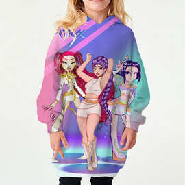 女孩K-POP猎巫队3D印花儿童休闲中长款连帽套头卫衣厂家直销货源