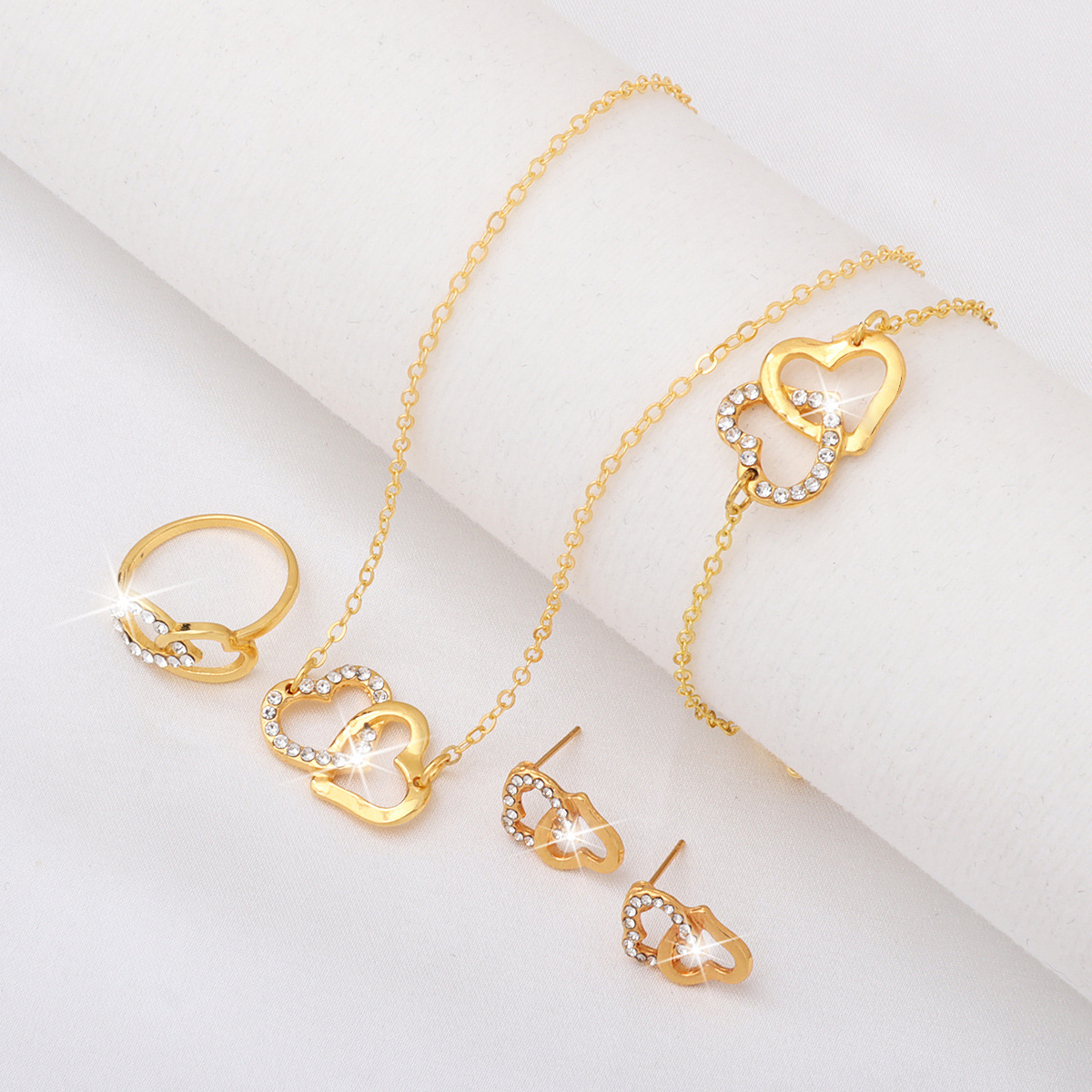suit European and American Simple Women's Wear All-match Double Love Jewelry Necklace Bracelet Earrings Bracelet Pendant Four-piece Set