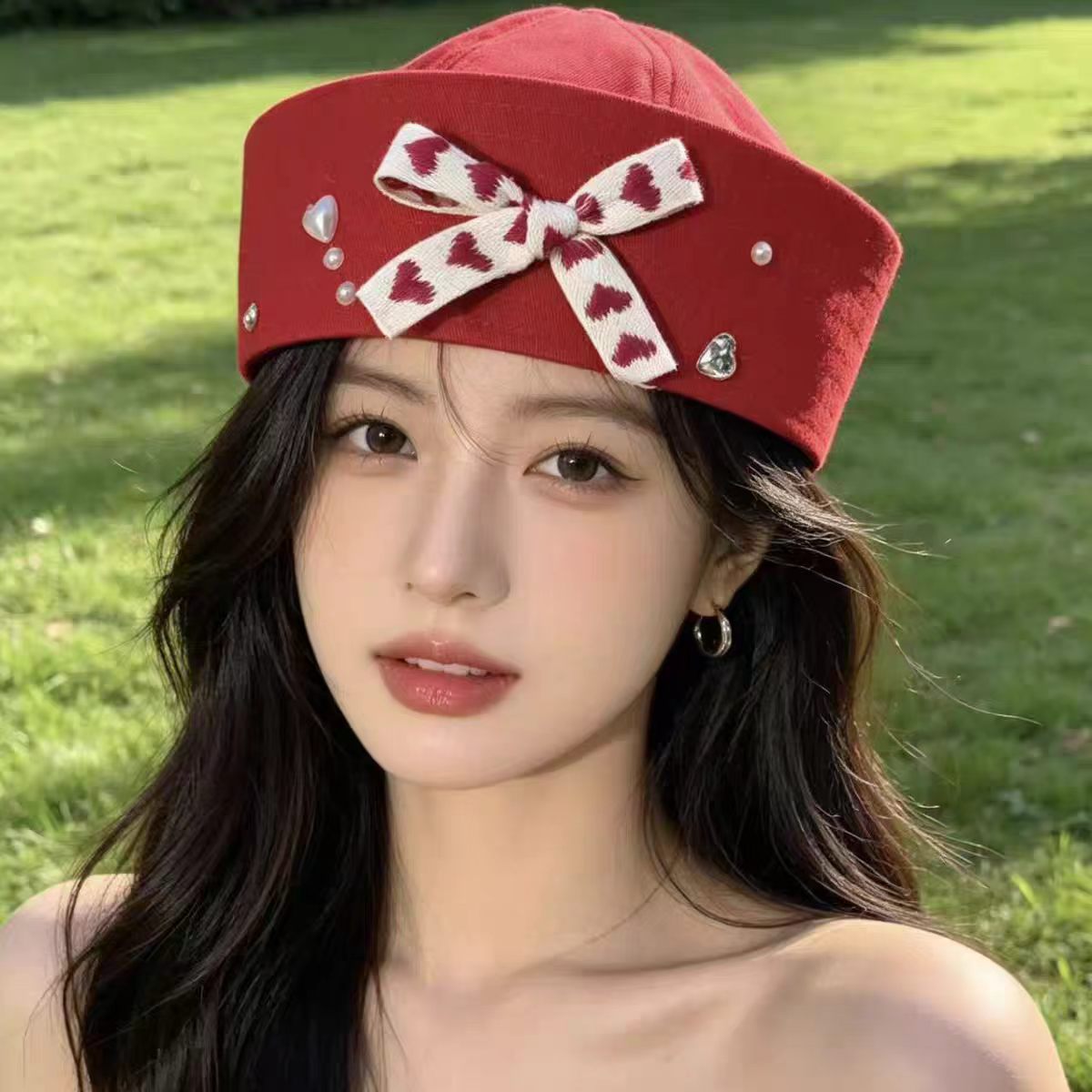 빨간 리본 큐빅 세일러 모자