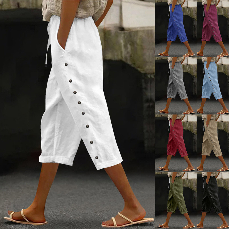 2025 Summer Season New Women's Pants Elastic Waist European and American Cross-Border Amazon Casual Capri Pants Breathable and Comfortable 2025 Summer Season New Women's Pants Elastic Waist European and American Cross-Border Amazon Casual Capri Pants Breathable and Comfortable