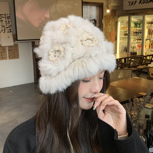 Rabbit fur hat for women winter cute furry Internet celebrity fur autumn and winter thickened plush warm wool knitted hat