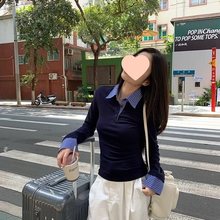 春季新款格子拼接假两件针织衫Polo领韩版休闲设计感显瘦上衣