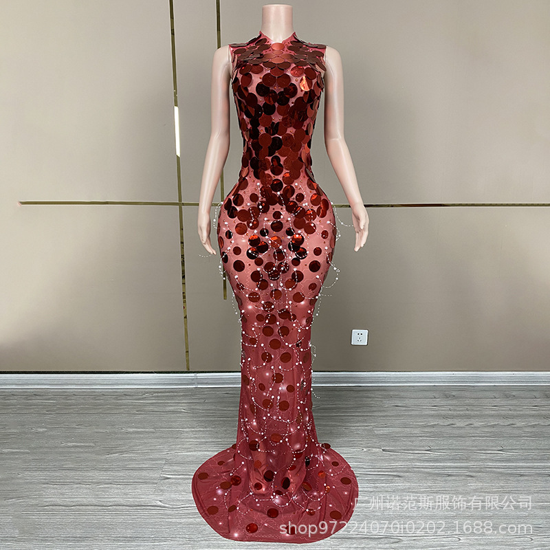 Retro Classic Red Shining Sequins Temperament Waist dress Banquet Host Performance Clothes Singer Shang Yan