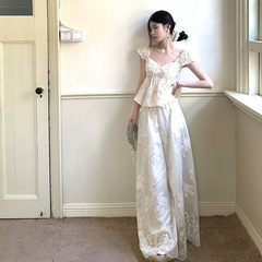 夏の新しいハイエンド南フランスホリデーテンセルスーツサスペンダー半袖トップルーズ刺繍ワイドレッグパンツ女性用