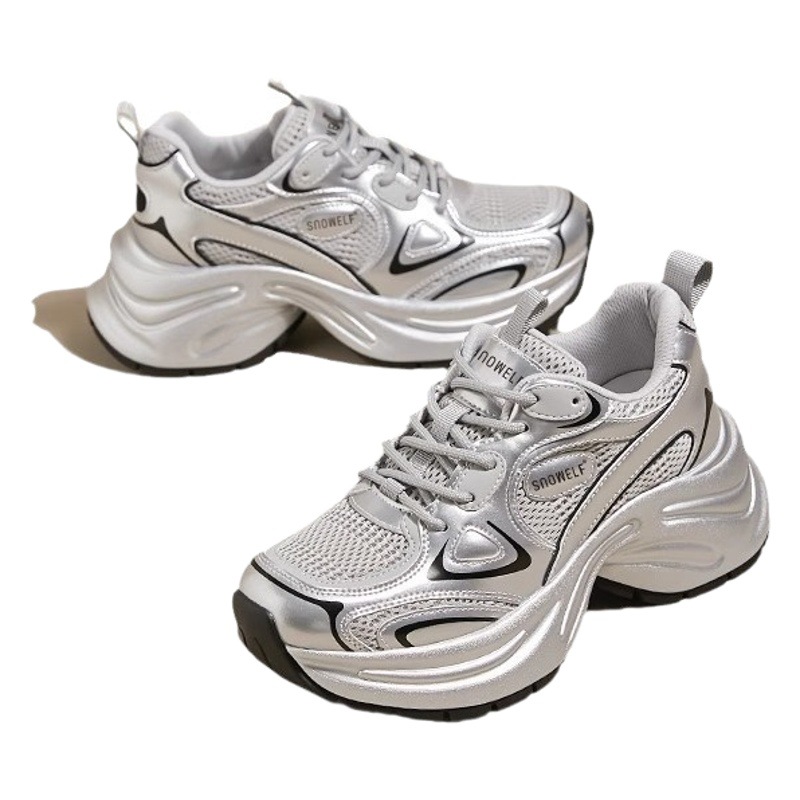 Bailu mismo estilo zapatos de papá de suela gruesa mujer 2024 nueva malla de primavera transpirable plata retro realce zapatos deportivos casuales