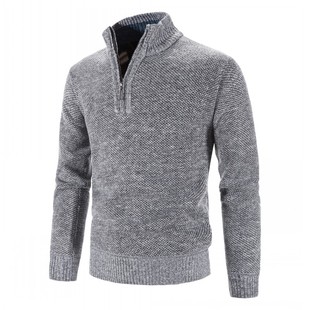 Autumn and winter velvet padded pullover men's stand collar sweater men's knitted sweater solid color half zipper sweater coat