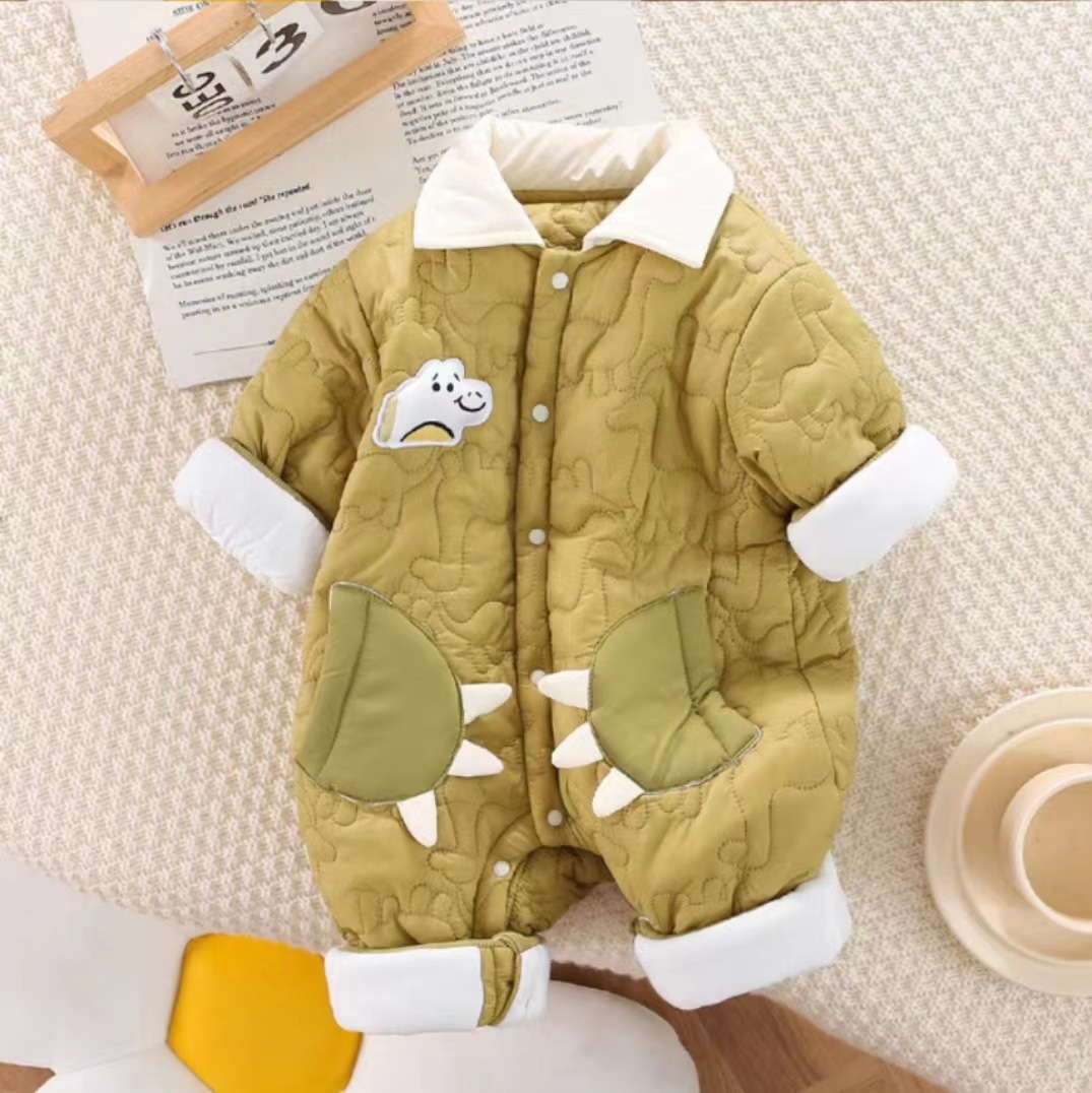 Ropa de bebé otoño e invierno nuevo estilo dinosaurio de dibujos animados bebé hombre mono acolchado más terciopelo cálido estilo occidental
