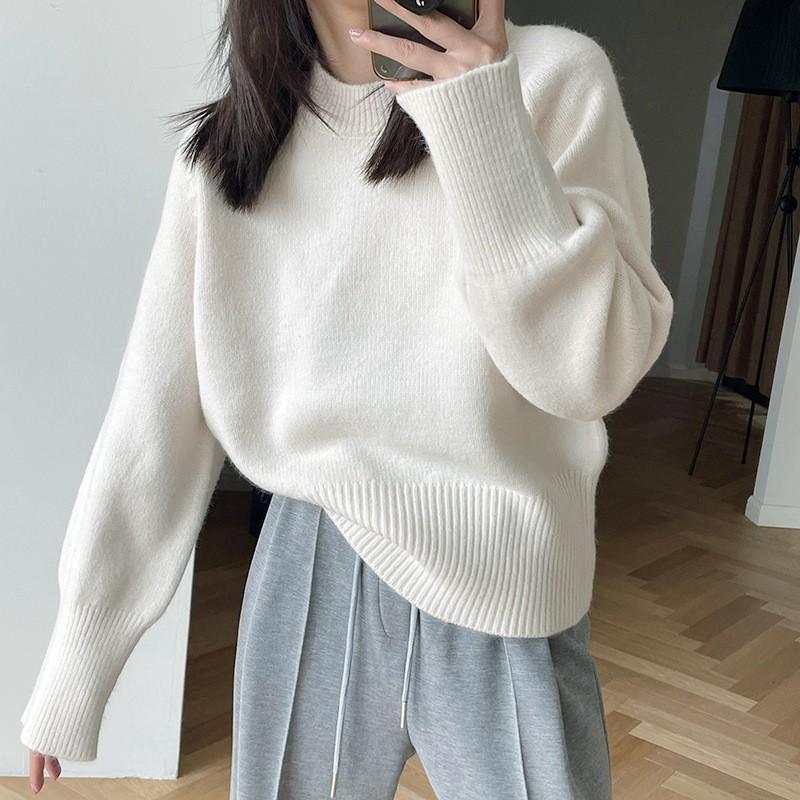 法式简约风纯色百搭圆领套头毛衣女2025年秋冬新款长袖打底针织衫