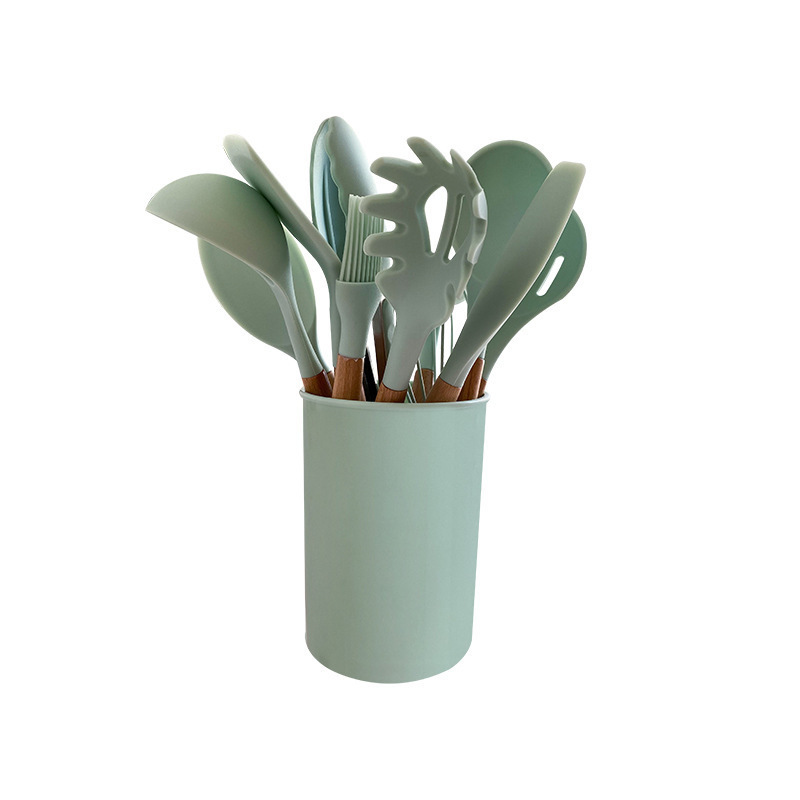 Utensilios de cocina de silicona juego de 19 piezas cuchillo de cocina sartén antiadherente cuchara mango de madera utensilios de cocina de silicona juego de 12 piezas en stock transfronterizo