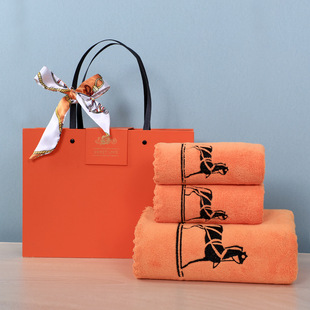 Towel Bath Towel Gift Box Three-Piece Set Hermes Orange Annual Meeting Gift Embroidered Word Company Employee Welfare Wedding Return