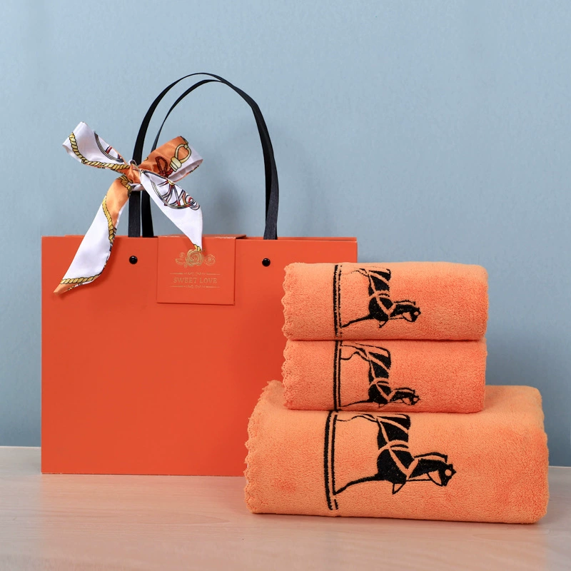 Полотенце Банное полотенце Подарочная коробка Набор из трех частей Гермес Оранжевый Ежегодное собрание Подарок Вышитая Word Компания Сотрудник Благосостояние Свадьба Возвращение