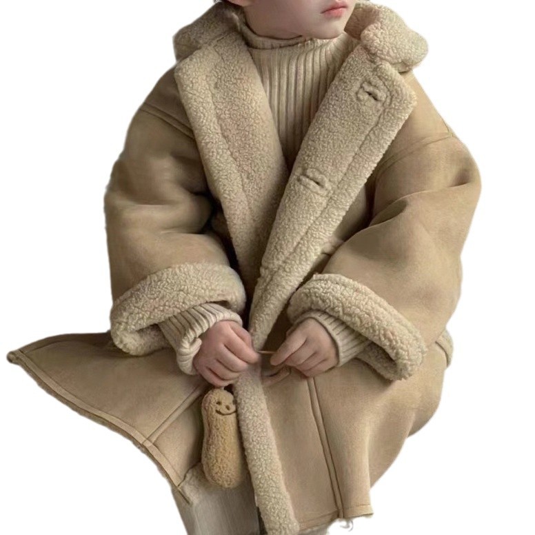 Vêtements pour enfants Manteau pour filles en peau d'agneau épaisse composite en peau de cerf camel manteau chaud vêtements d'extérieur_voghion.com
