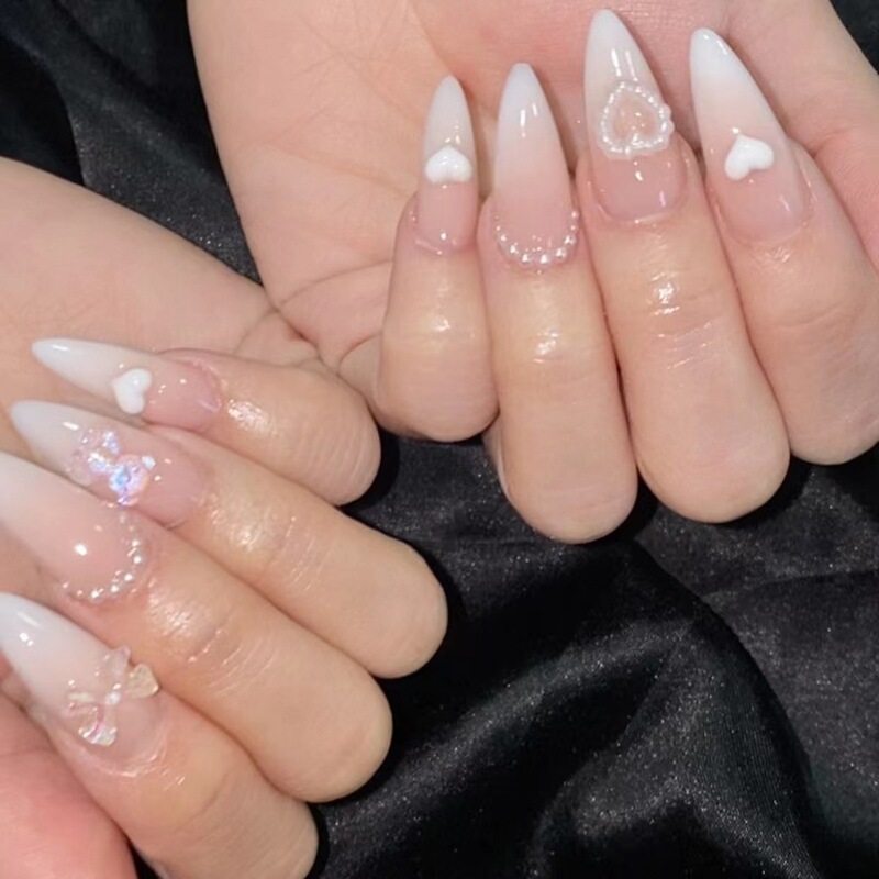 Nude Wearable Bowknot Water Drops White Gradient Pearl Crystal Breathable Nail Sticker