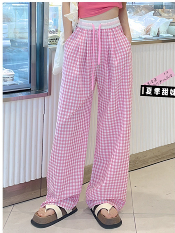 コントラストカラーウエストチェック柄パンツワイドレッグパンツレディースハイウエストドローストリングストレートカジュアルパンツドレープフロアレングスパンツブラックイエロー|undefined