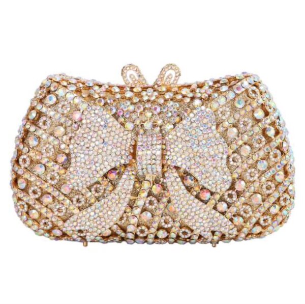 Túi clutch nữ đính kim cương nơ bướm kim loại dây xích dạ tiệc — Vàng kim AB