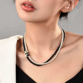 厂家直销小香风双层项链珍珠黑白水晶叠戴复古choker熊猫锁骨链潮