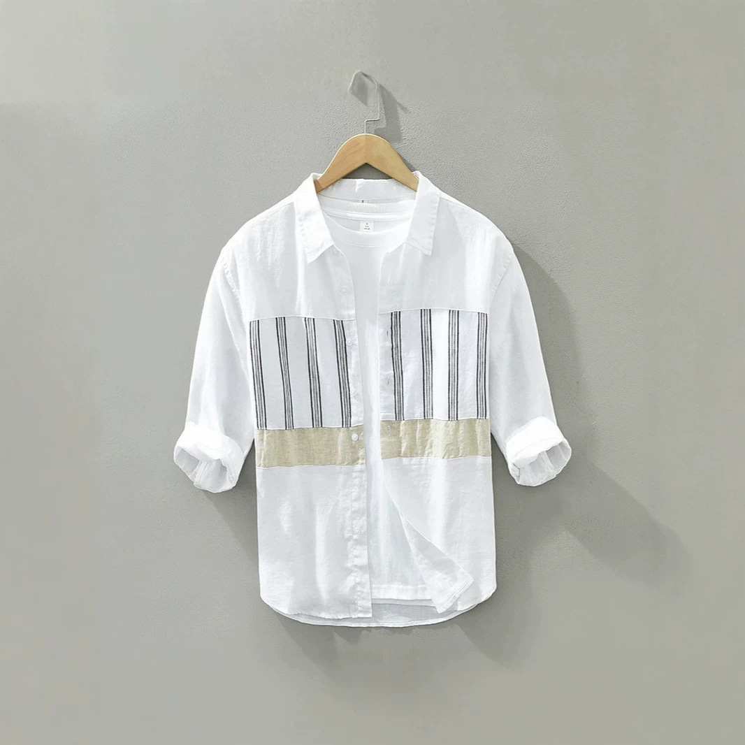 2026 Men's Loose-Fit Trendy Casual Japanese Style Patchwork Three-Quarter Sleeve Linen Shirt, Wholesale Available_viptrois.com