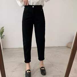 黑色九分哈伦牛仔裤女2026春夏季新款梨形身材高腰显瘦小脚老爹裤