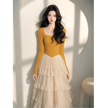 方领气质拼接黄色连衣裙女装2025春秋季新款富家千金优雅网纱长裙