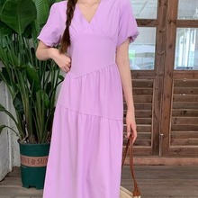 法式高级感紫色连衣裙子女装2024夏季新款小个子设计感泡泡袖长裙
