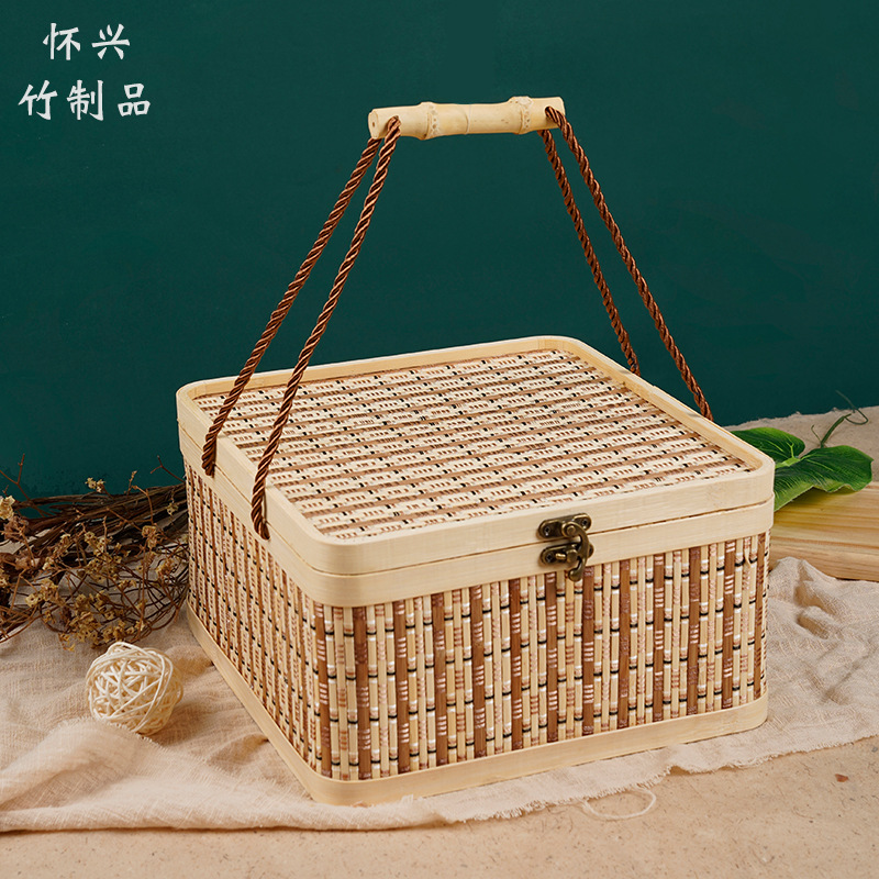 春节礼品包装正方形手提竹篮年货腊肉香肠螃蟹鸡蛋竹篮礼盒包装