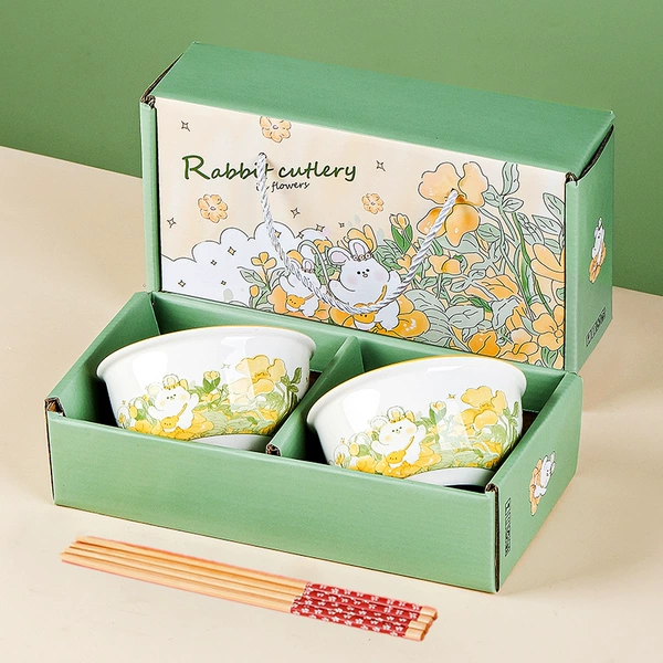 Hua Zhong Rabbit 2 bowls 2 bamboo chopsticks+gift boxes