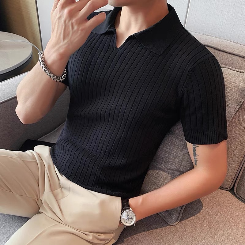 Verano nueva camiseta de punto seda de hielo de manga corta hombre delgado comercial polo camiseta de cuello V camiseta comercio exterior Europa y América al por mayor transfronterizo